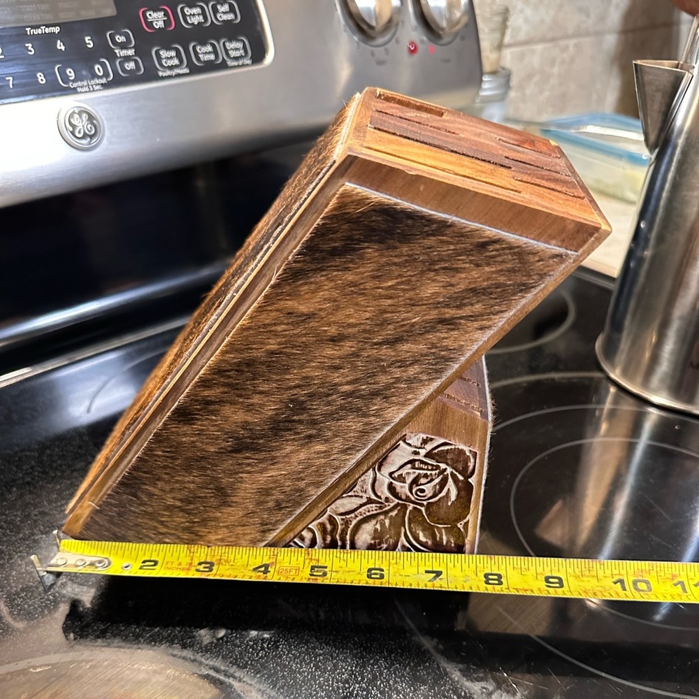 Western All Wood Kitchen Knife Block with Cow Hide.